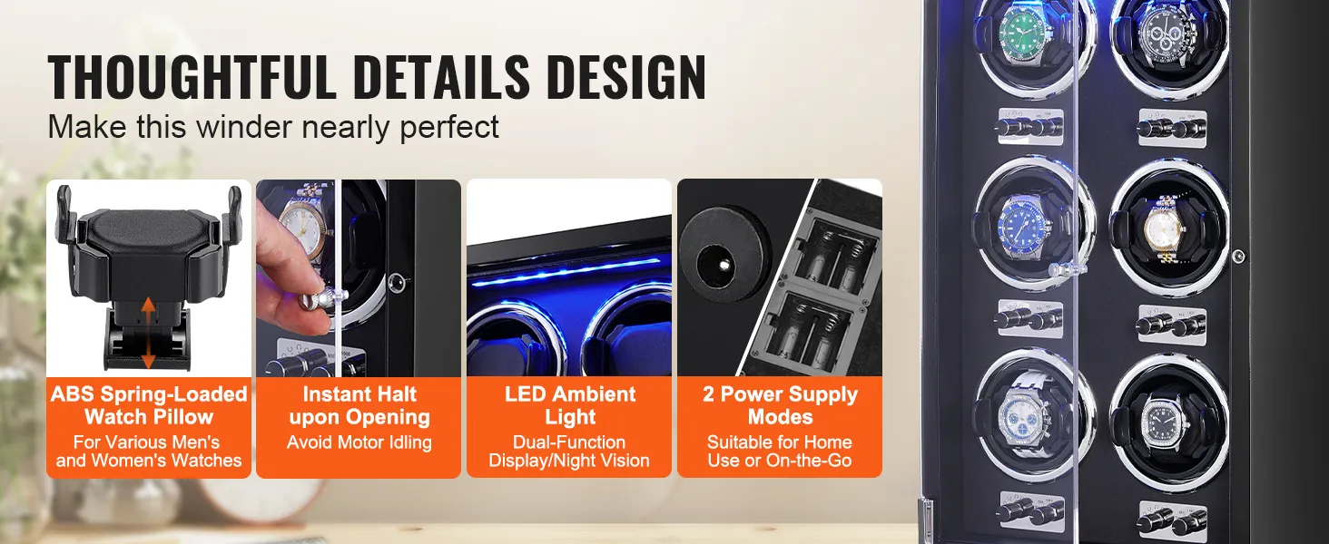 VEVOR watchwinder met led-lampje, display met dubbele functie, abs-horlogekussen en twee voedingsmodi