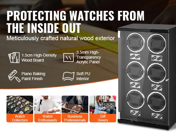 VEVOR horlogeopwinder met een buitenkant van natuurlijk hout, hout met hoge dichtheid, acryl paneel en zachte PU binnenkant.