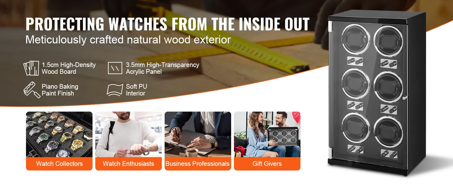 VEVOR horlogeopwinder met een buitenkant van natuurlijk hout, hout met hoge dichtheid, acryl paneel en zachte PU binnenkant.