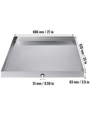 VEVOR washing machine pan with dimensions labeled in millimeters and inches.