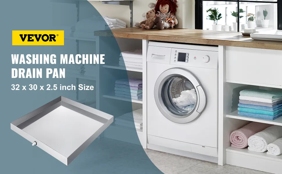 VEVOR washing machine pan in laundry room with shelving and folded towels in background.
