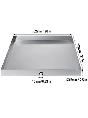 stainless steel VEVOR washing machine pan with dimensions and drainage hole.