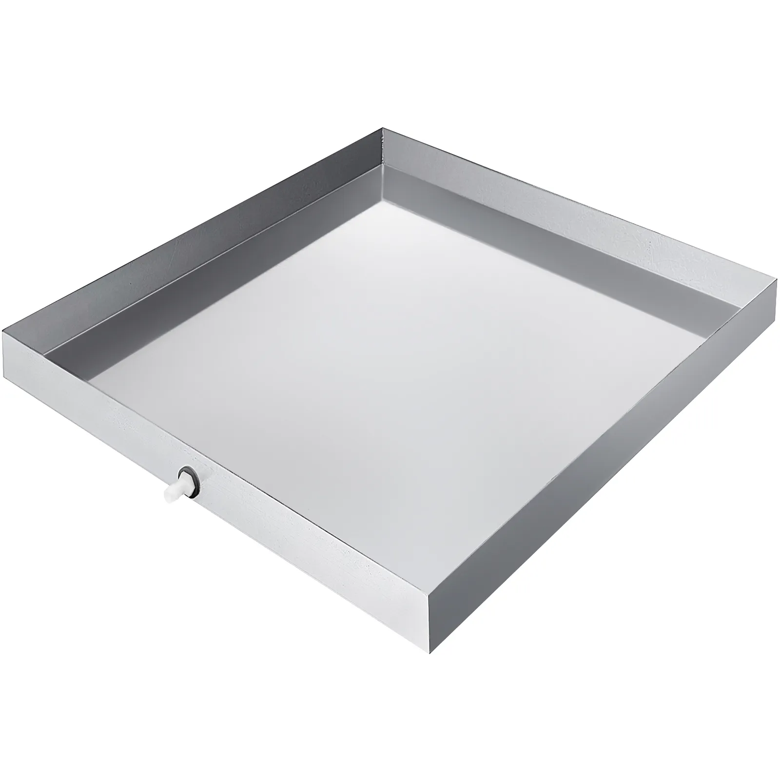 stainless steel VEVOR washing machine pan with side drain.