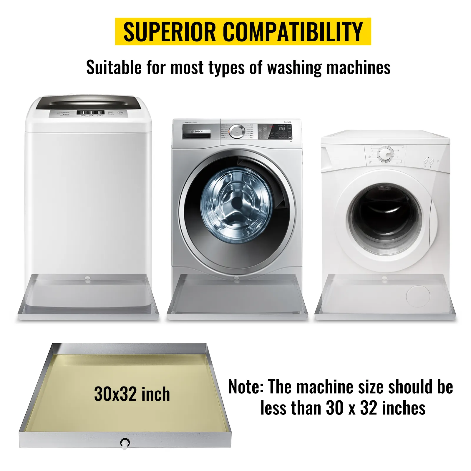 VEVOR washing machine pan with 30x32 inch dimensions, suitable for most washers.