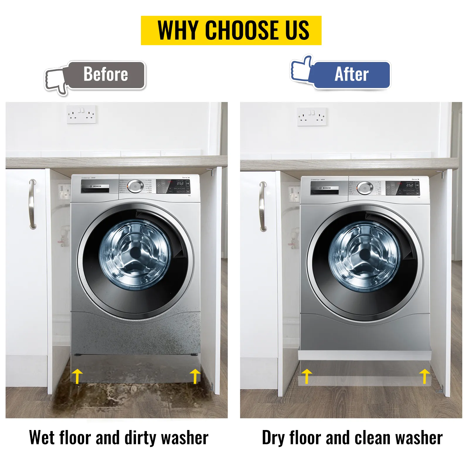 wet floor before, dry floor after using VEVOR washing machine pan. why choose us.