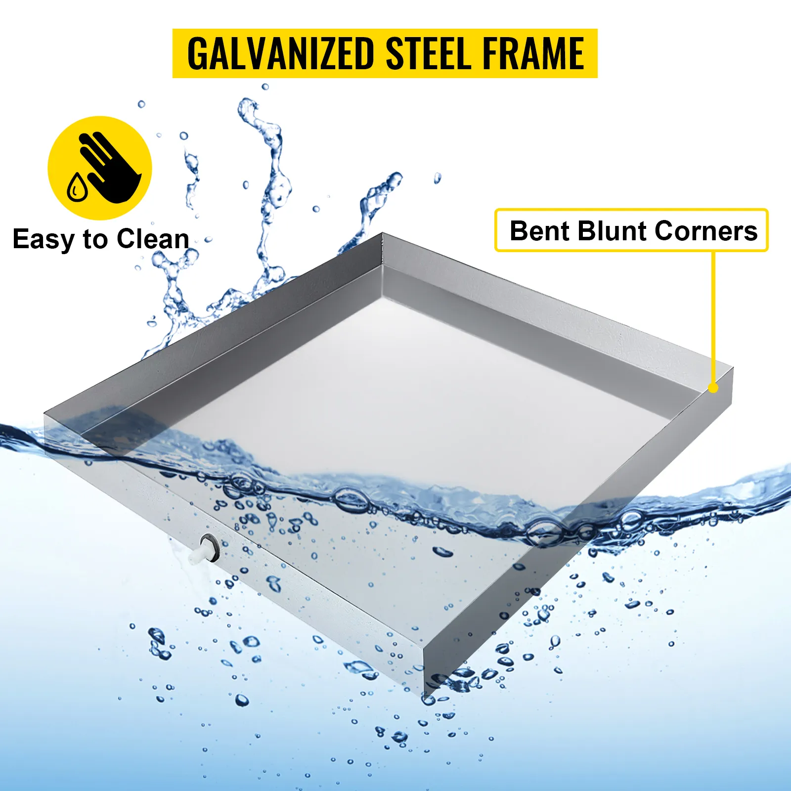 VEVOR washing machine pan with galvanized steel frame, bent corners, and easy-to-clean design.