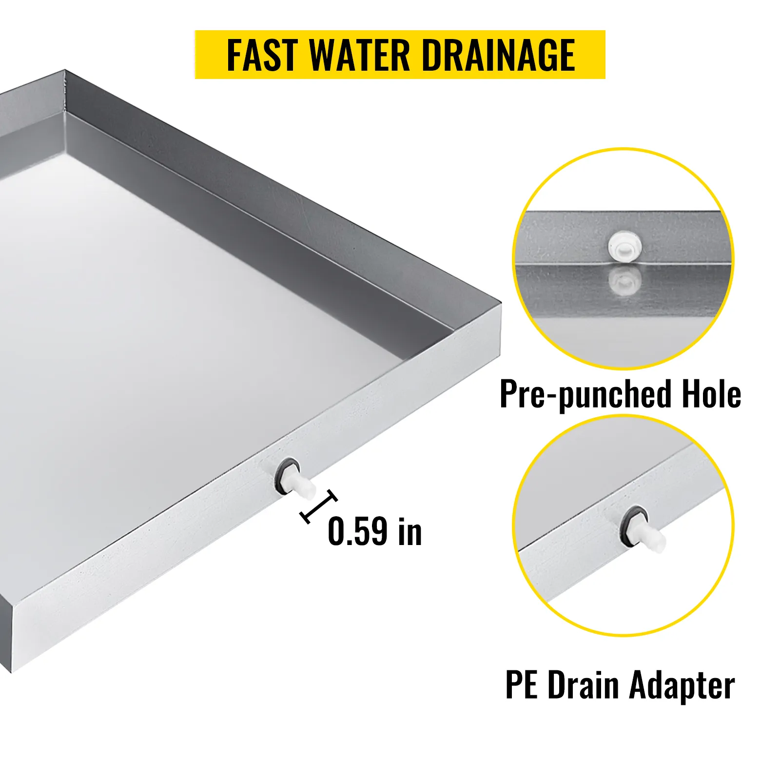 VEVOR washing machine pan with pre-punched hole and pe drain adapter for fast drainage.