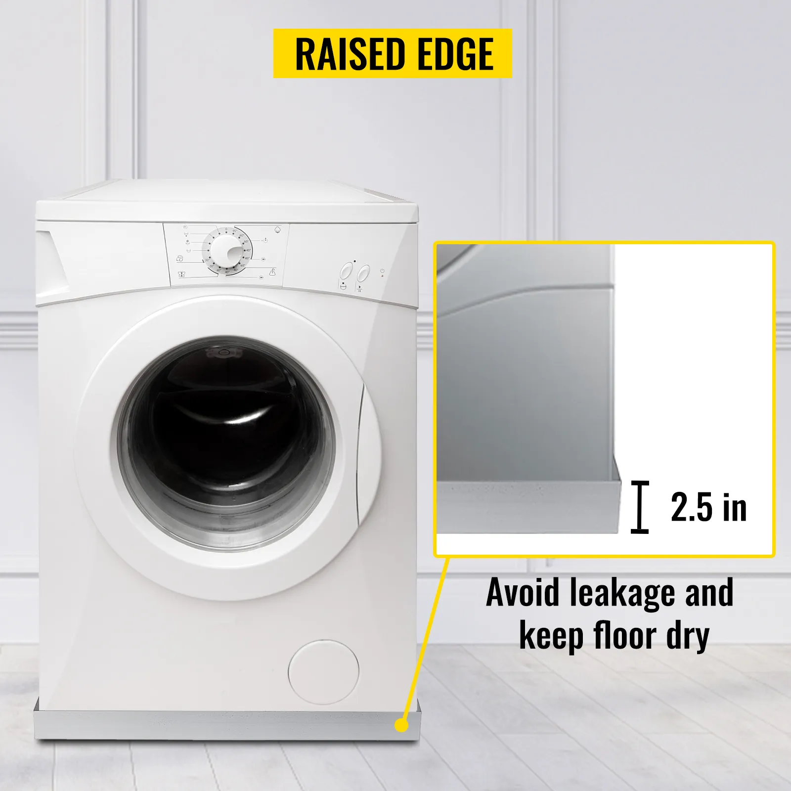 washing machine with VEVOR washing machine pan showing raised edge to avoid leakage.