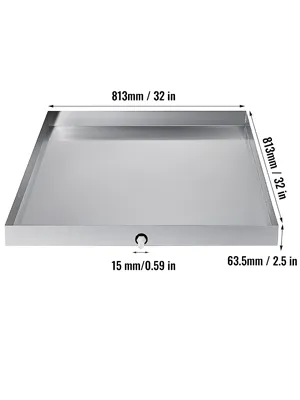 silver VEVOR washing machine pan with dimensions 813mm x 813mm and 15mm depth.