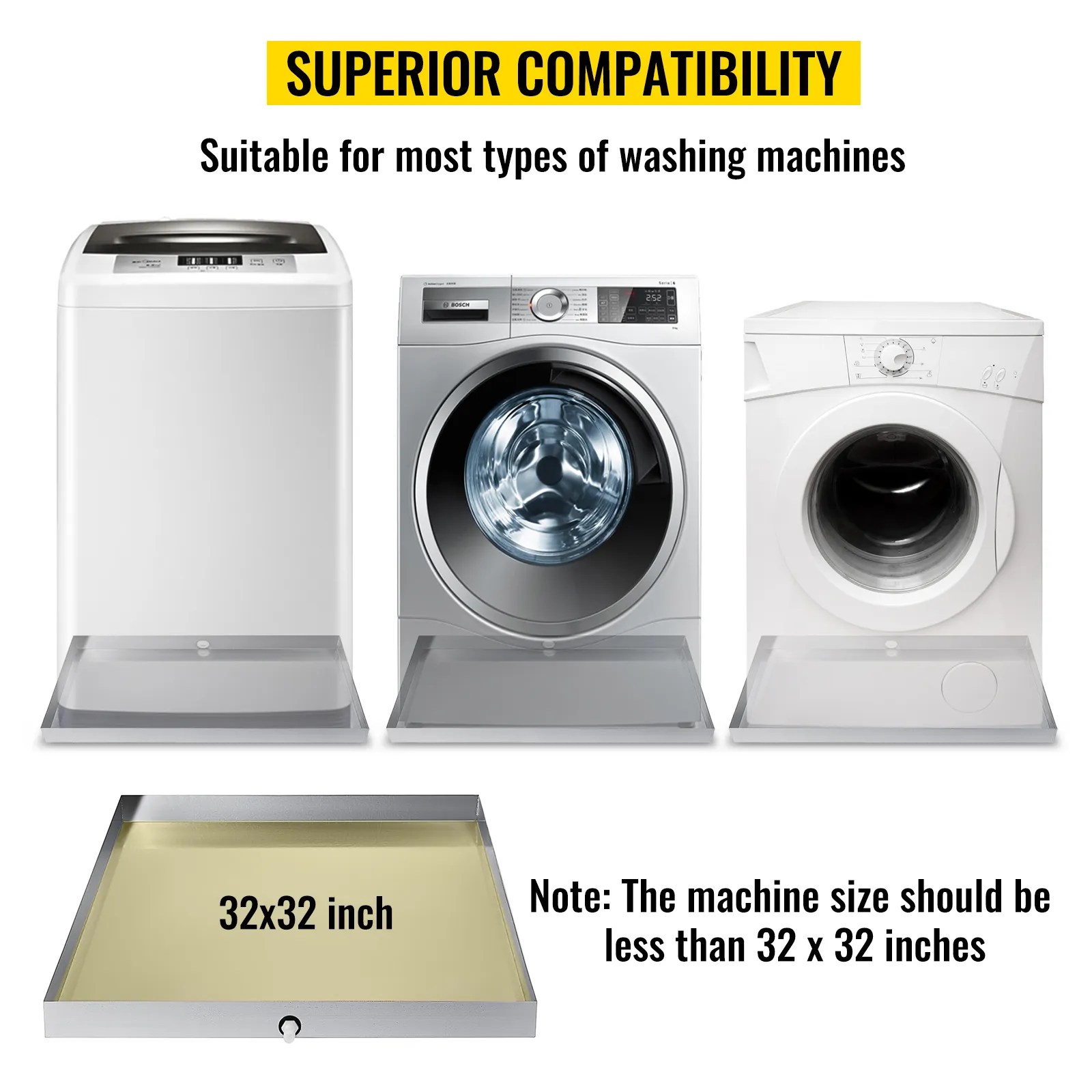 superior compatibility VEVOR washing machine pan, 32x32 in, suitable for washers.