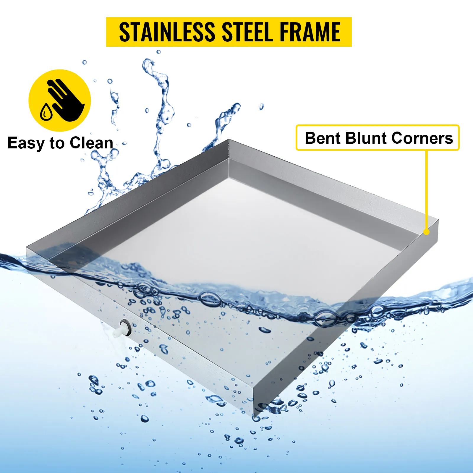 VEVOR washing machine pan with stainless steel frame, bent blunt corners, and easy to clean.