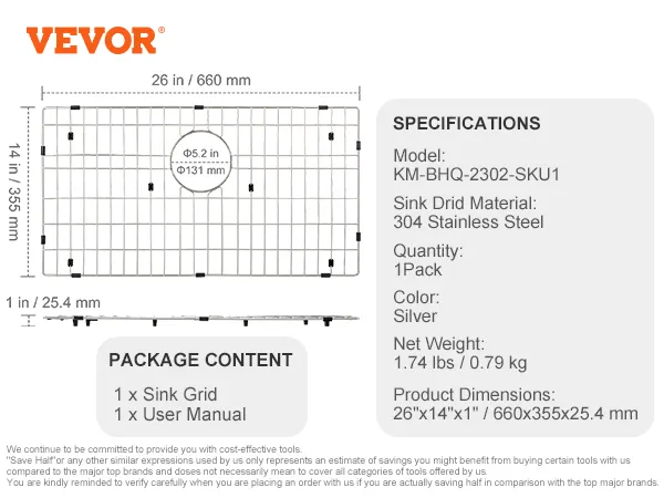 VEVOR sink protector grid, 26"x14", 304 stainless steel, silver, with package details and specifications.