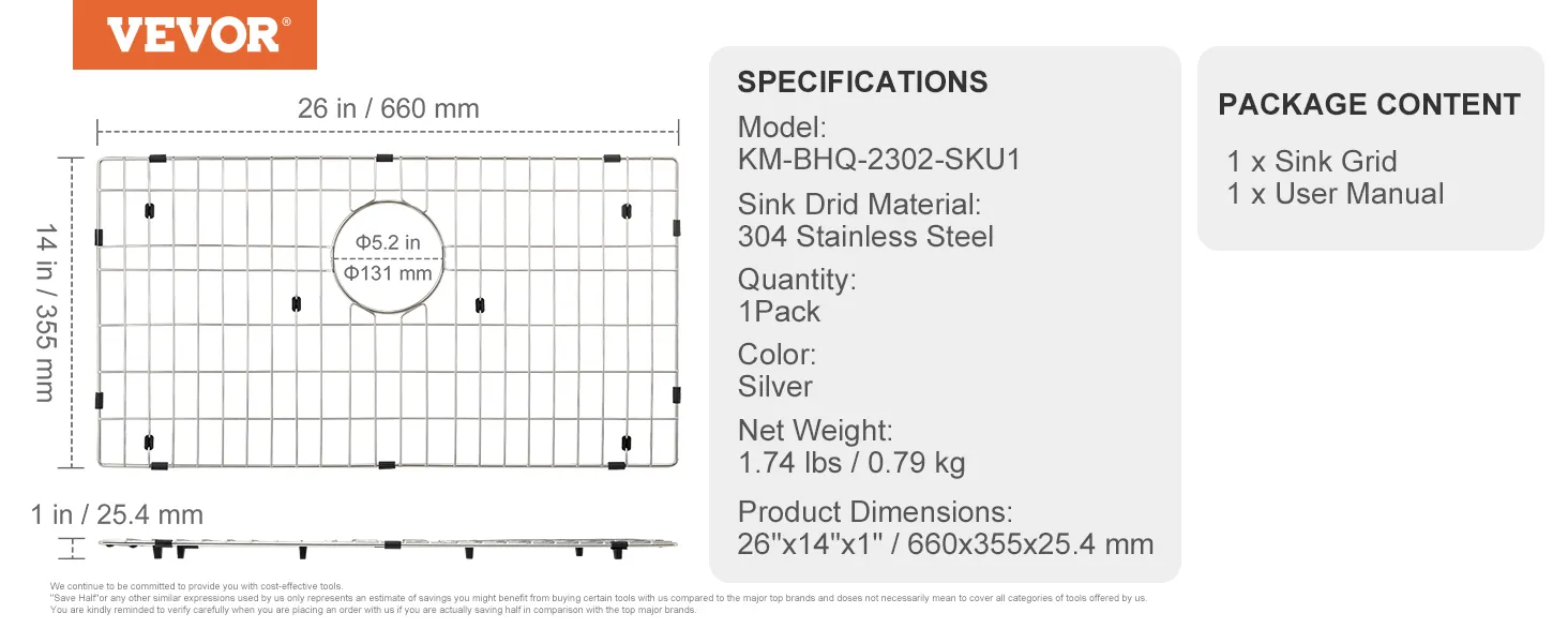 VEVOR sink protector grid, 26"x14", 304 stainless steel, silver, with package details and specifications.