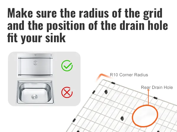 VEVOR sink protector grid compatibility guide: check rear drain hole and r10 corner radius.