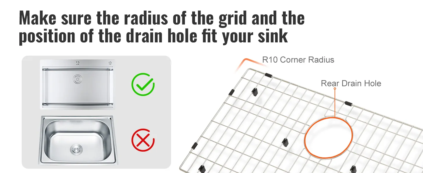 VEVOR sink protector grid compatibility guide: check rear drain hole and r10 corner radius.