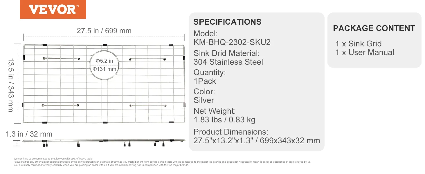 VEVOR sink protector grid in silver 304 stainless steel with dimensions 27.5"x13.2"x1.3".
