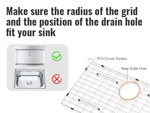 VEVOR sink protector grid with rear drain hole and r10 corner radius for accurate sink fit.