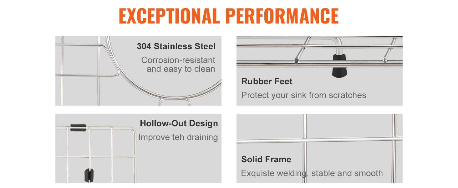 VEVOR sink protector grid with 304 stainless steel, rubber feet, hollow-out design, and solid frame.