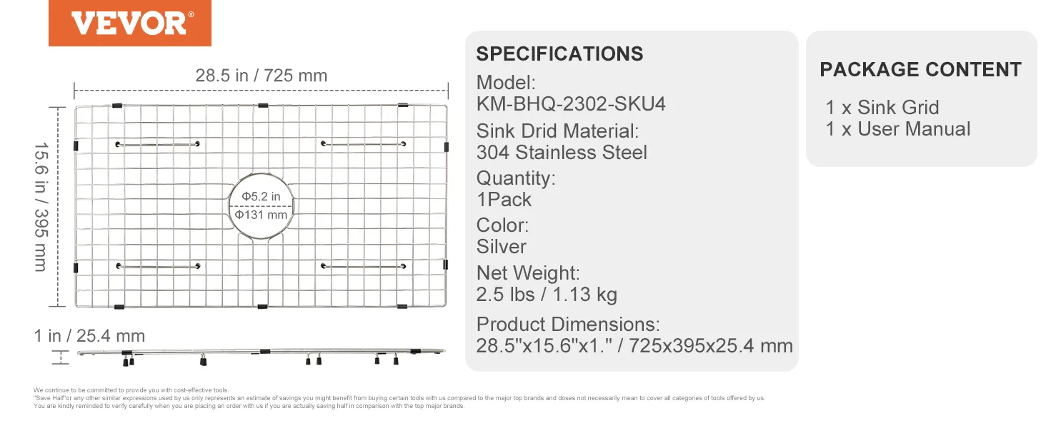 Kratka ochronna na zlew VEVOR, stal nierdzewna 304, 28,5"x15,6"x1", w zestawie 1 opakowanie i instrukcja obsługi.