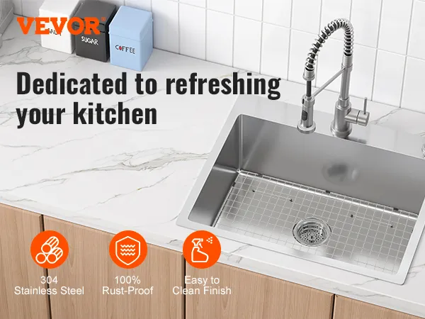 Siatka ochronna na zlew VEVOR w nowoczesnej kuchni ze stali nierdzewnej 304, z wykończeniem odpornym na rdzę, łatwa do czyszczenia.
