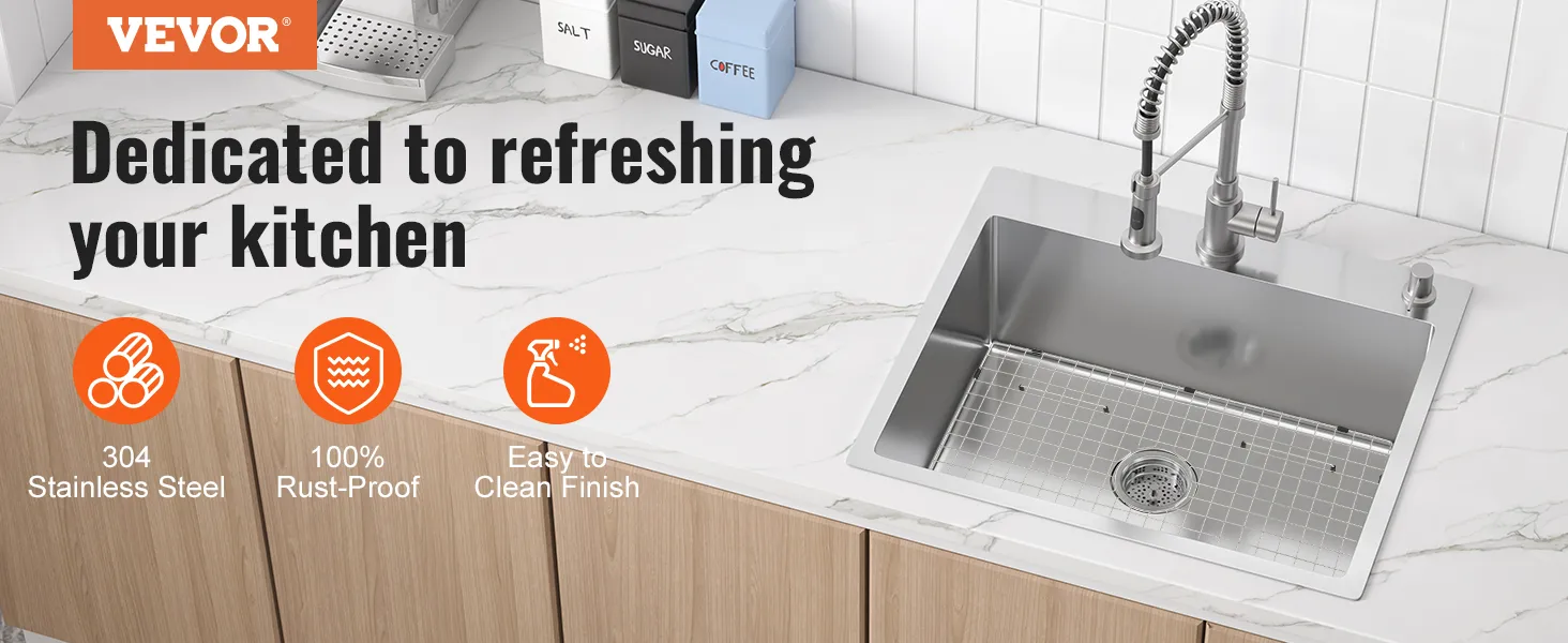 Siatka ochronna na zlew VEVOR w nowoczesnej kuchni ze stali nierdzewnej 304, z wykończeniem odpornym na rdzę, łatwa do czyszczenia.