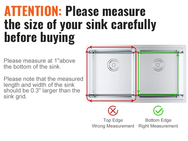 Przed zakupem kratki ochronnej VEVOR zmierz swój zlew, upewniając się, że jest ona o 0,3" większa od kratki zlewu.