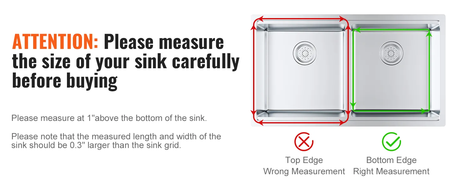 Przed zakupem kratki ochronnej VEVOR zmierz swój zlew, upewniając się, że jest ona o 0,3" większa od kratki zlewu.