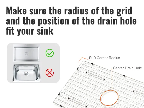 sprawdź kompatybilność zlewu z kratką ochronną VEVOR, upewniając się, że promień i położenie otworu odpływowego są prawidłowe.