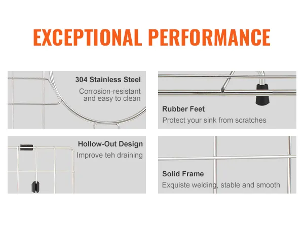 Kratka ochronna na zlew VEVOR ze stali nierdzewnej 304, gumowymi nóżkami, wydrążoną konstrukcją i solidną ramą.