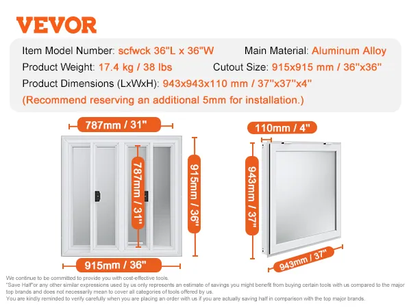 VEVOR concession window details with highlighted dimensions, aluminum alloy material, and product weight.