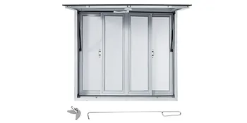 Ventana de concesión VEVOR con cuatro paneles correderos y sistema de cerradura con llave.