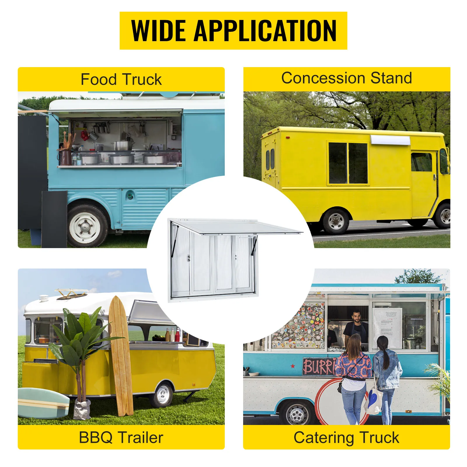Amplia aplicación de la ventana de concesión VEVOR en camiones de comida, puestos, remolques de barbacoa y camiones de catering.
