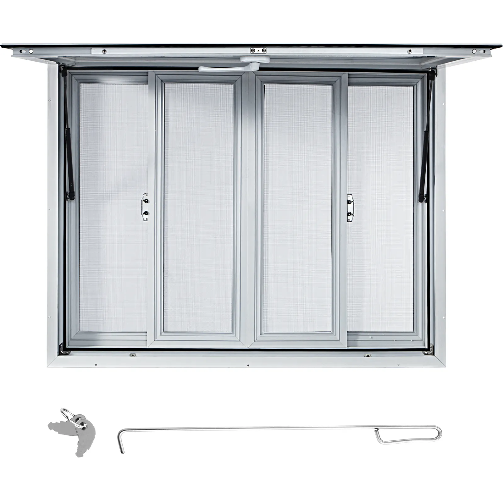 Ventana de concesión VEVOR con llaves y tirador de barra en marco plateado.