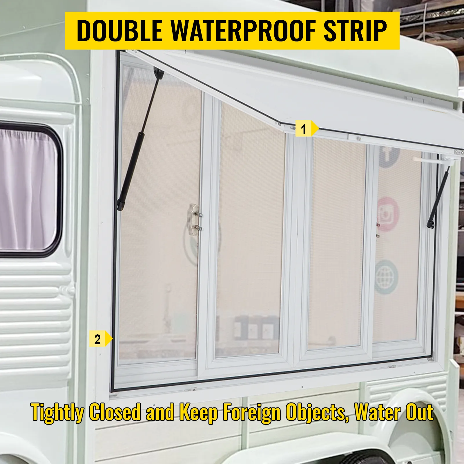 Ventana de concesión VEVOR con doble banda impermeable, que garantiza el cierre y la protección contra el agua.