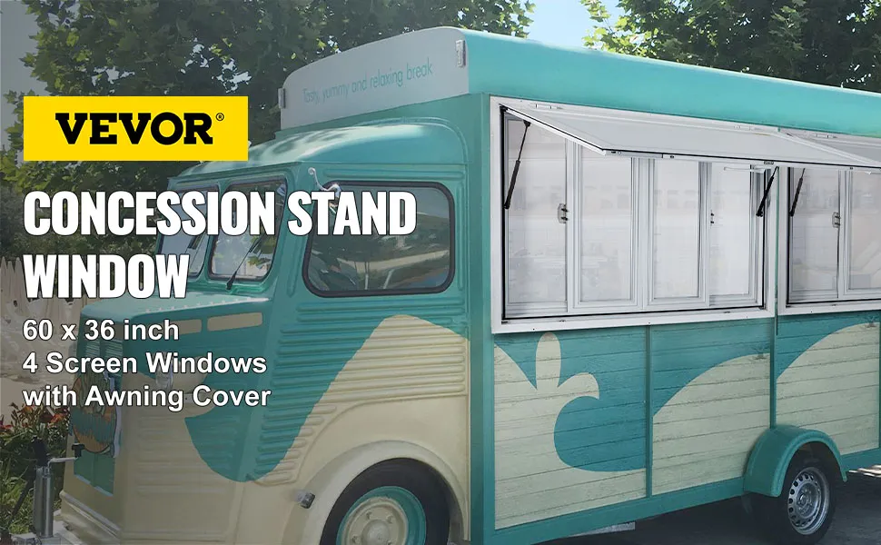 VEVOR concession window on a pastel food truck with 4 screen windows and awning cover.