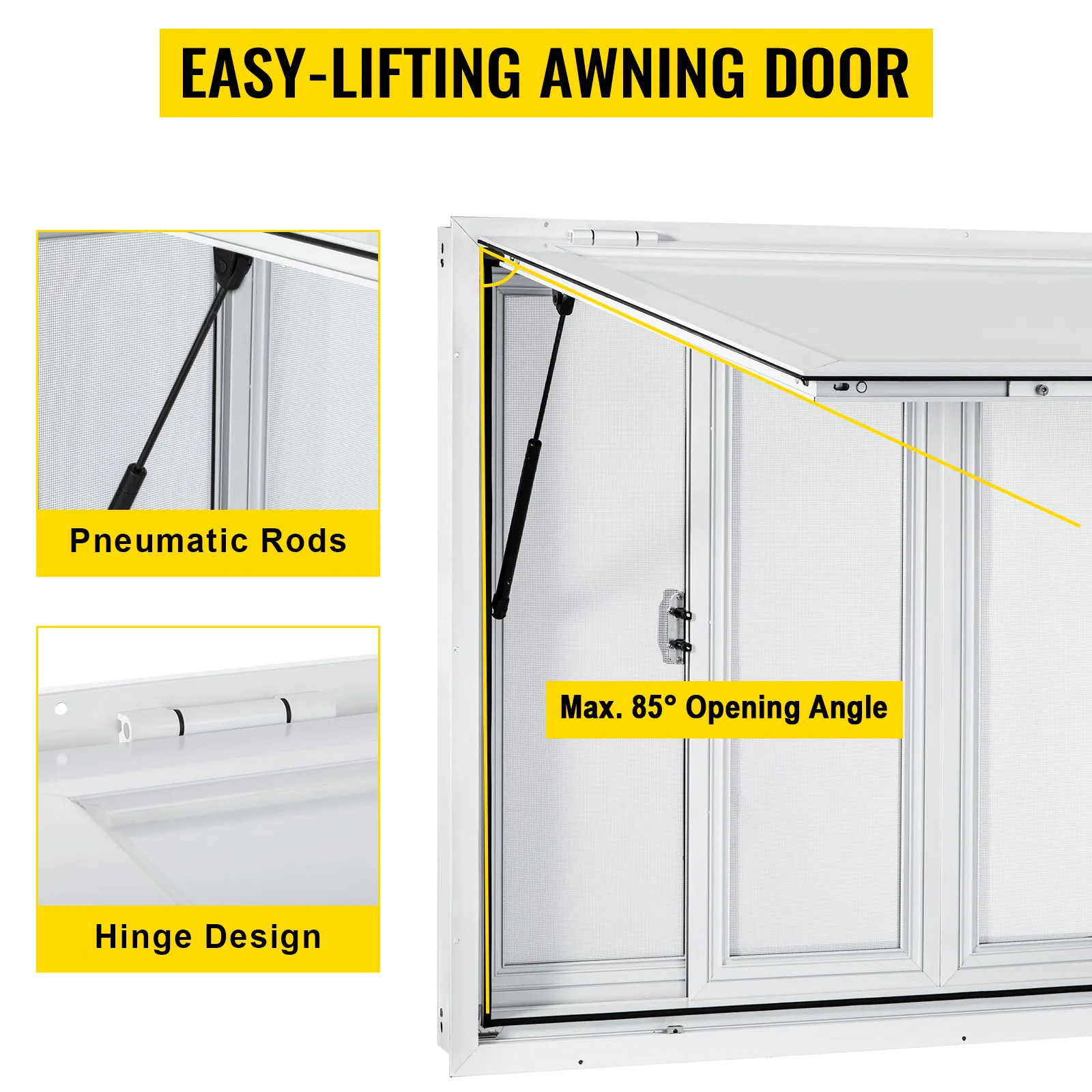 easy-lifting awning door with pneumatic rods and hinge design, max 85° opening angle.