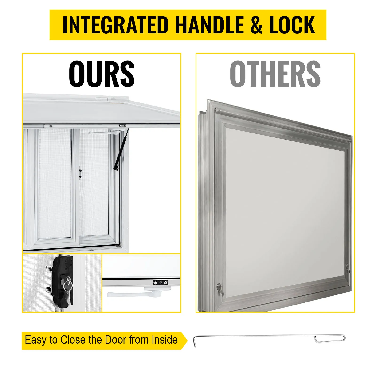 VEVOR concession window with integrated handle and lock, compared to others.