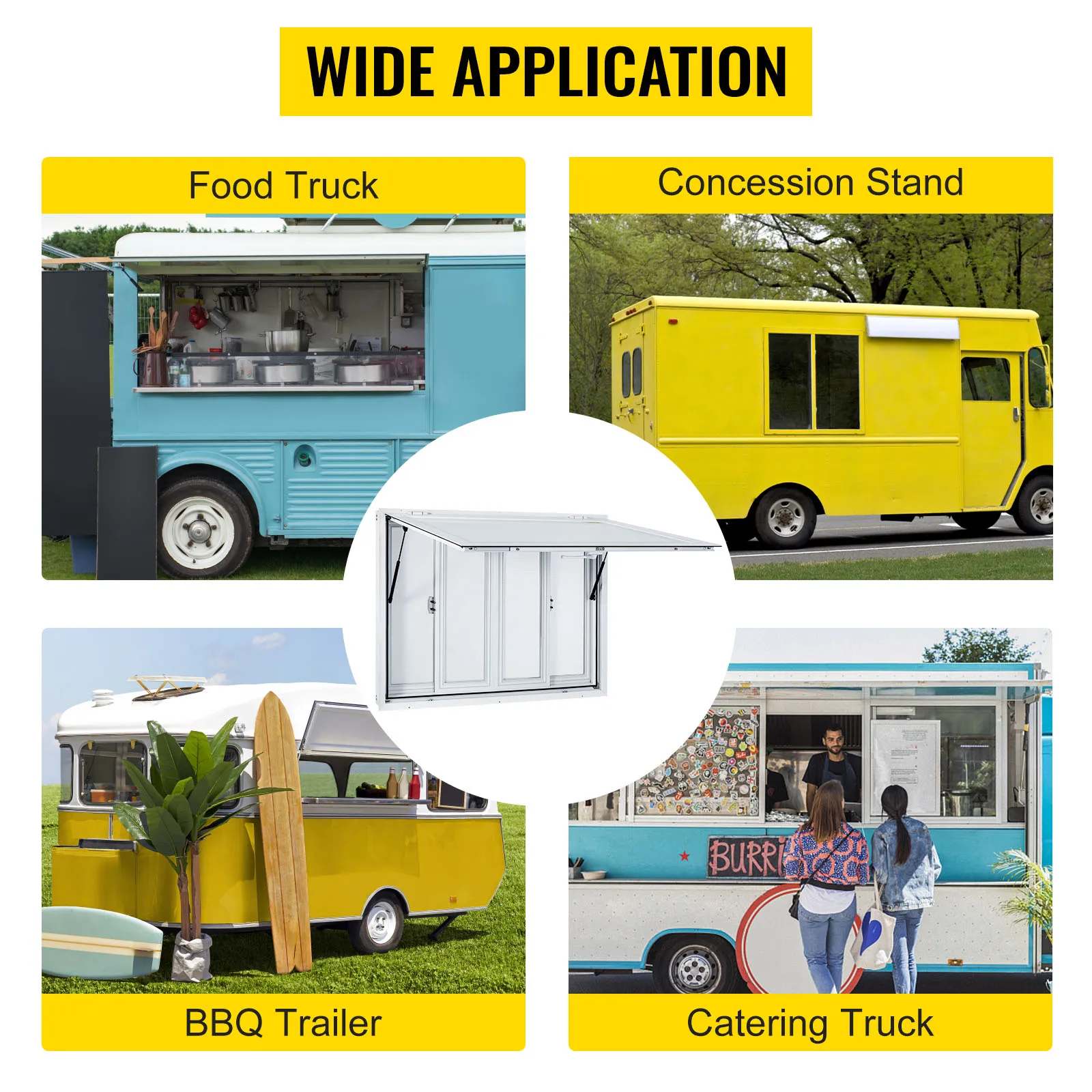 wide application of VEVOR concession window for food trucks, concession stands, and trailers.