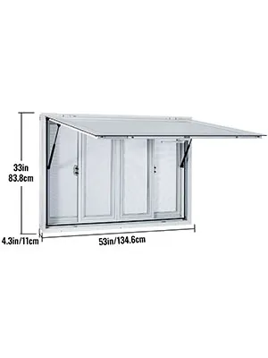 Ventana de concesión VEVOR con dimensiones: 33 pulgadas de alto, 53 pulgadas de ancho, 4,3 pulgadas de ancho de marco.