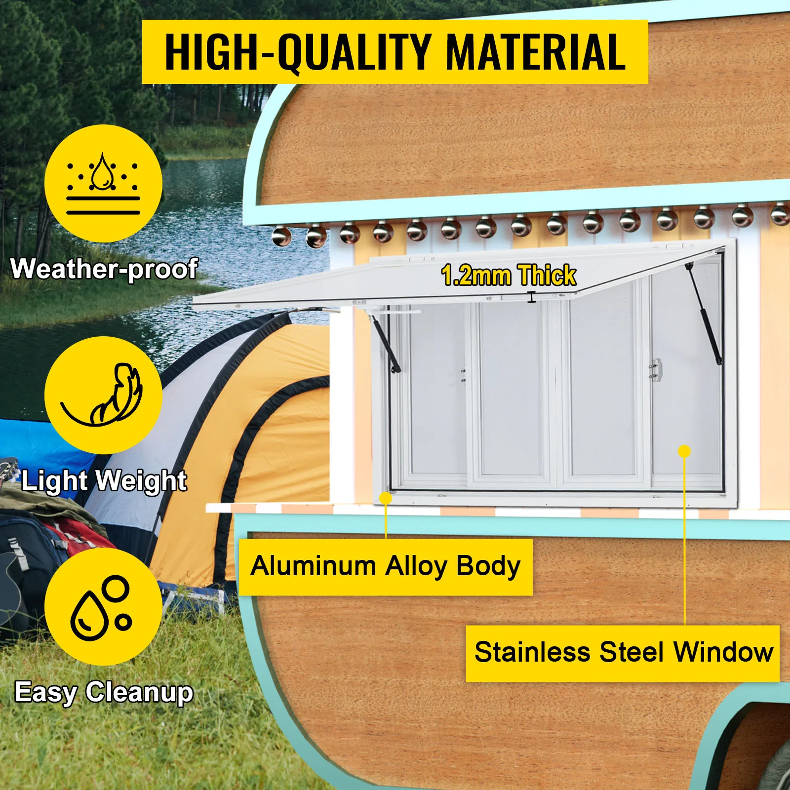 Ventana de concesión VEVOR con cuerpo de aluminio liviano, resistente a la intemperie y de fácil limpieza.