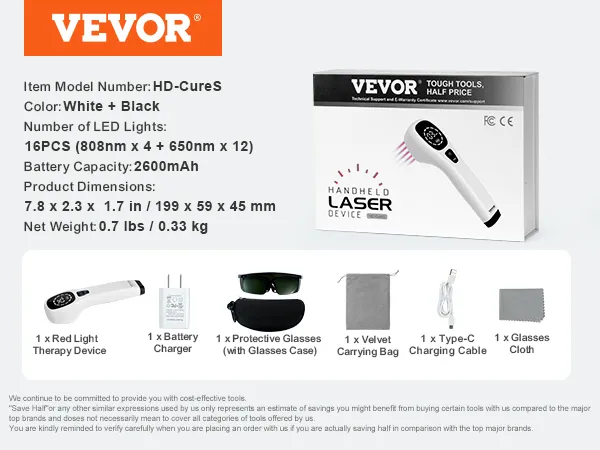 VEVOR roodlichttherapie-apparaat, wit en zwart, met oplader, beschermbril, tas en kabel.