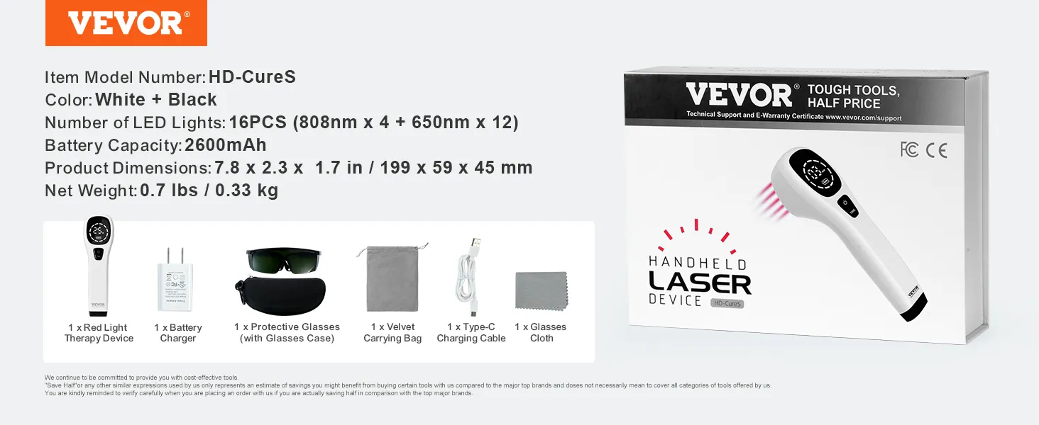 VEVOR roodlichttherapie-apparaat, wit en zwart, met oplader, beschermbril, tas en kabel.