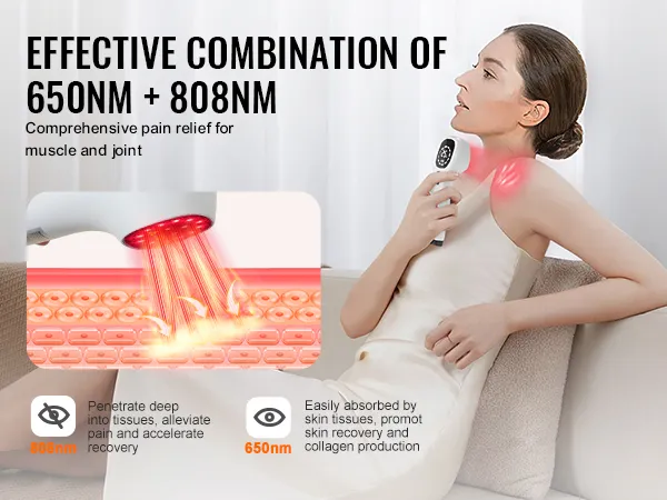 VEVOR-apparaat voor roodlichttherapie voor verlichting van spier- en gewrichtspijn met golflengtes van 650 nm en 808 nm.
