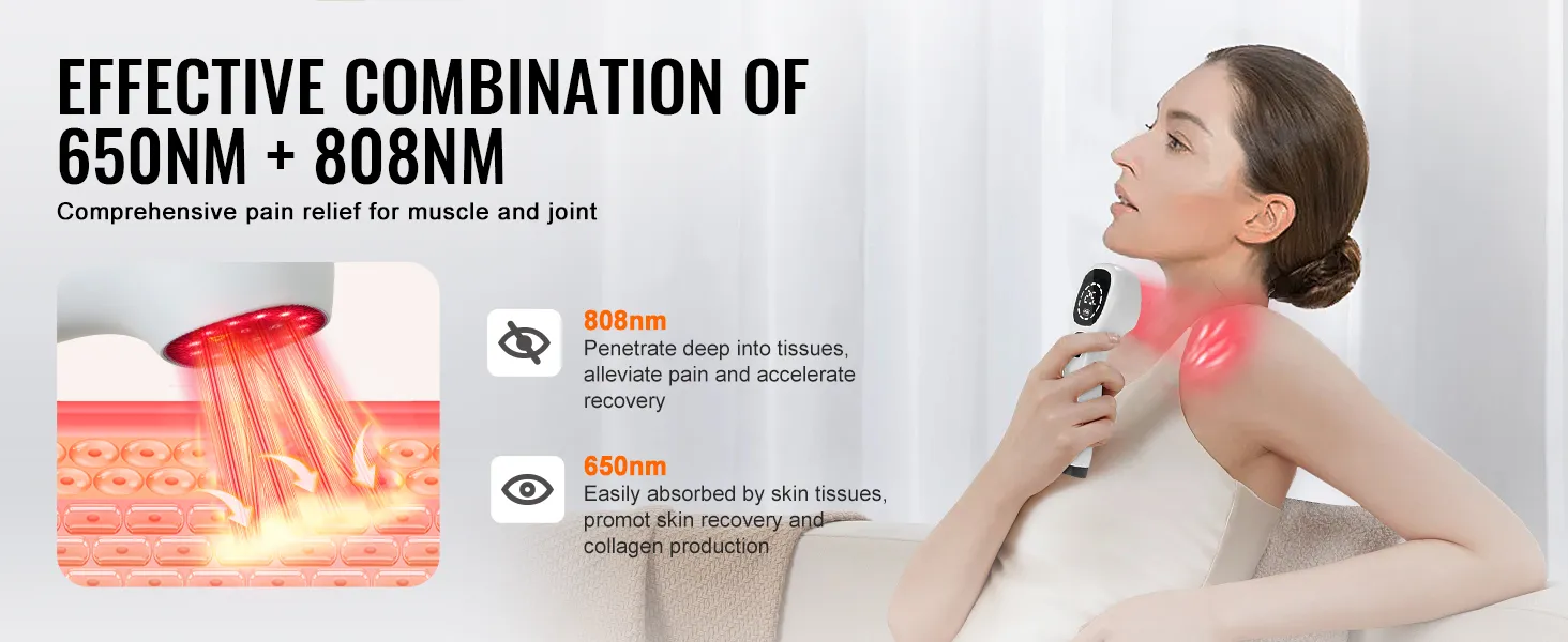 VEVOR-apparaat voor roodlichttherapie voor verlichting van spier- en gewrichtspijn met golflengtes van 650 nm en 808 nm.