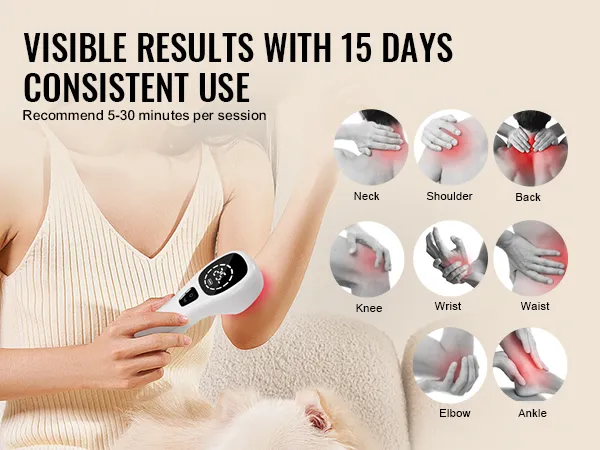 Vrouw gebruikt het VEVOR-apparaat voor roodlichttherapie op haar arm, met zichtbare resultaten na 15 dagen op meerdere plekken.