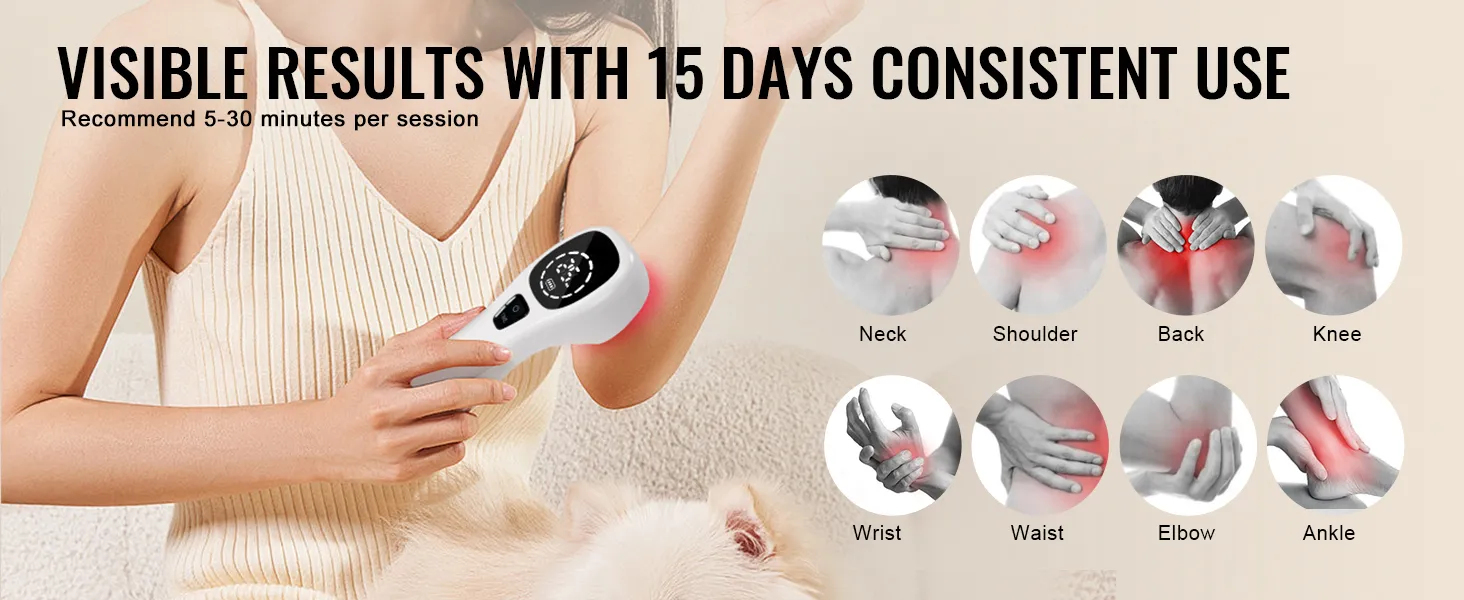 Vrouw gebruikt het VEVOR-apparaat voor roodlichttherapie op haar arm, met zichtbare resultaten na 15 dagen op meerdere plekken.