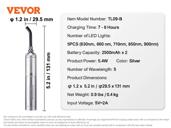 VEVOR red light therapy device specifications, including dimensions, battery capacity, power, and accessories.