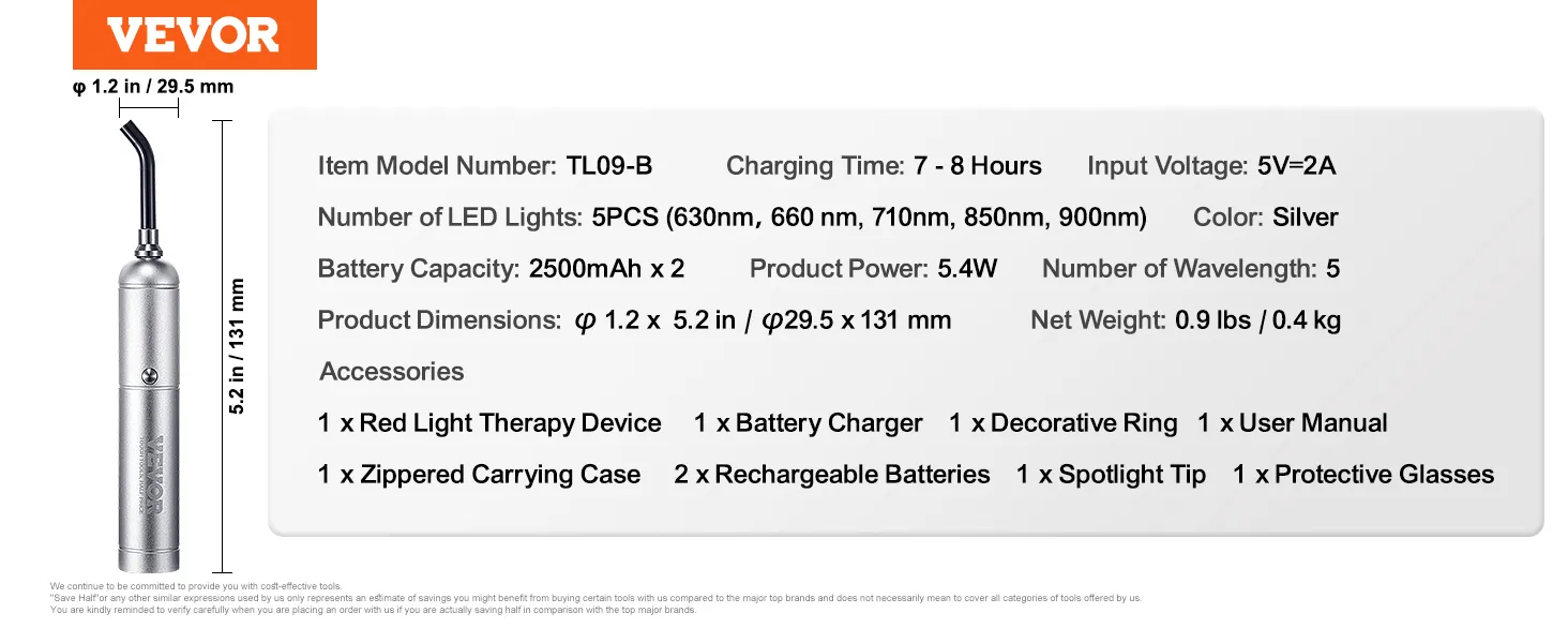 VEVOR red light therapy device specifications, including dimensions, battery capacity, power, and accessories.
