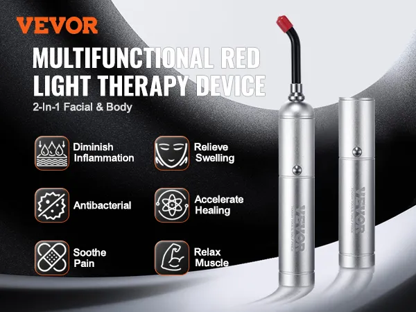 VEVOR red light therapy device for facial and body use, showing benefits and product images.
