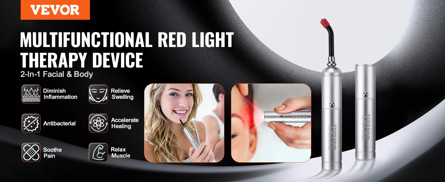 VEVOR red light therapy device for facial and body use, showing benefits and product images.